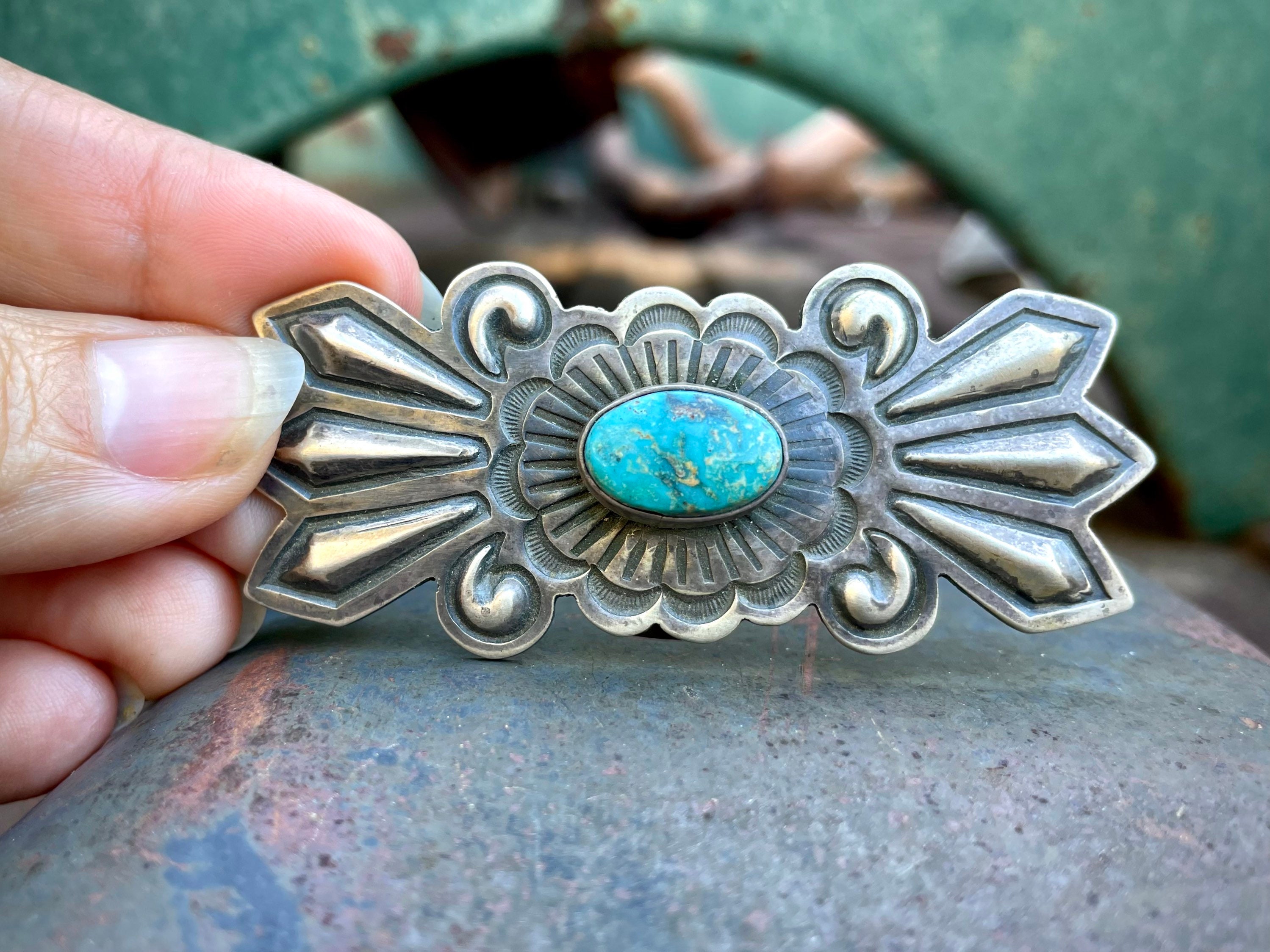 Classic Vintage Native American Navajo Carico Lake Turquoise Sterling Silver Pin Classic Vintage Native American Navajo Carico Lake Turquoise Sterling Silver Pin