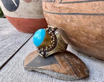 Vintage Tibetan Brass Saddle Ring Adj Size, Blue Chalcedony or Glass