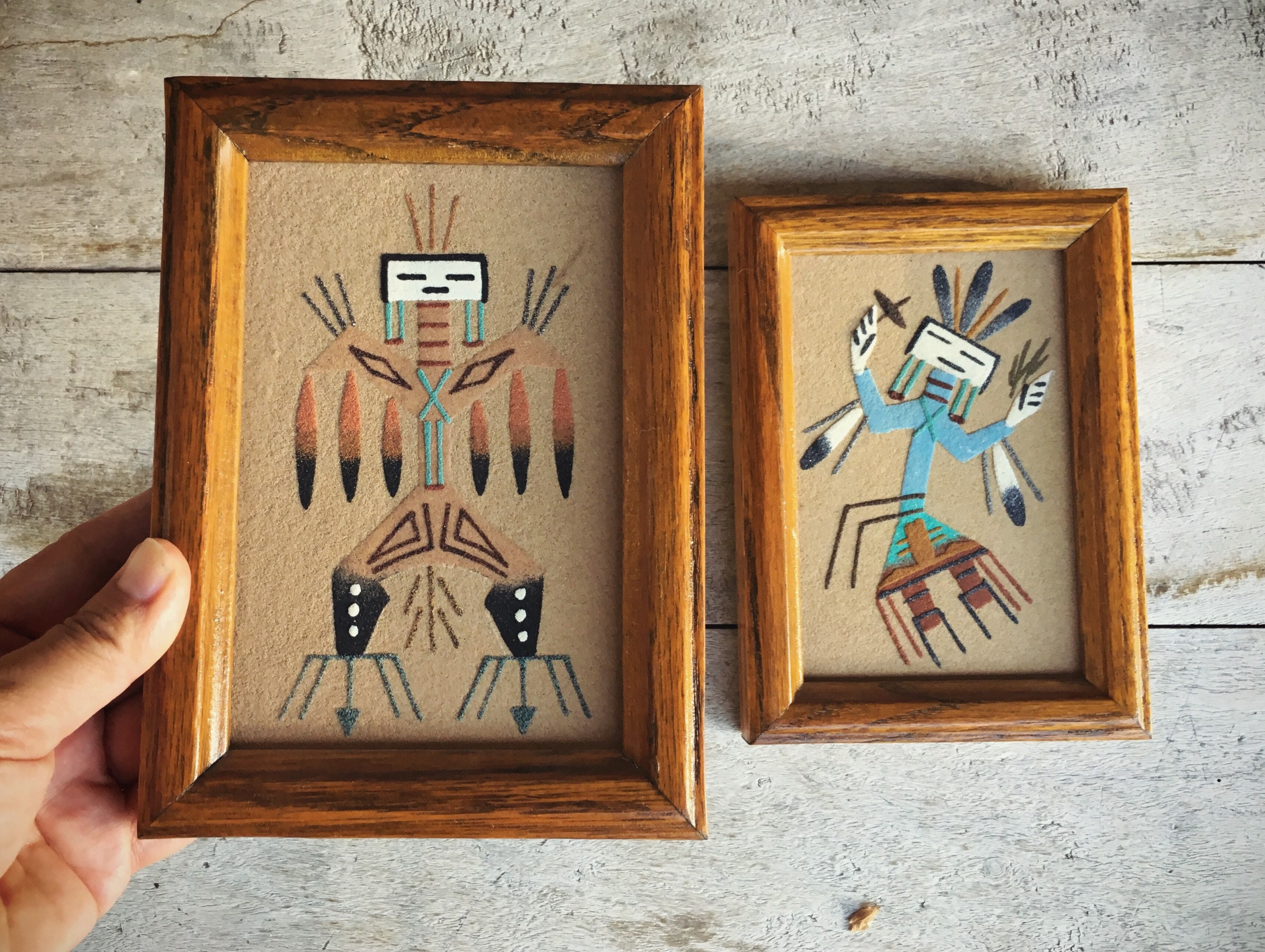Two Small Framed Navajo Sand Paintings, Southwestern Wall Decor