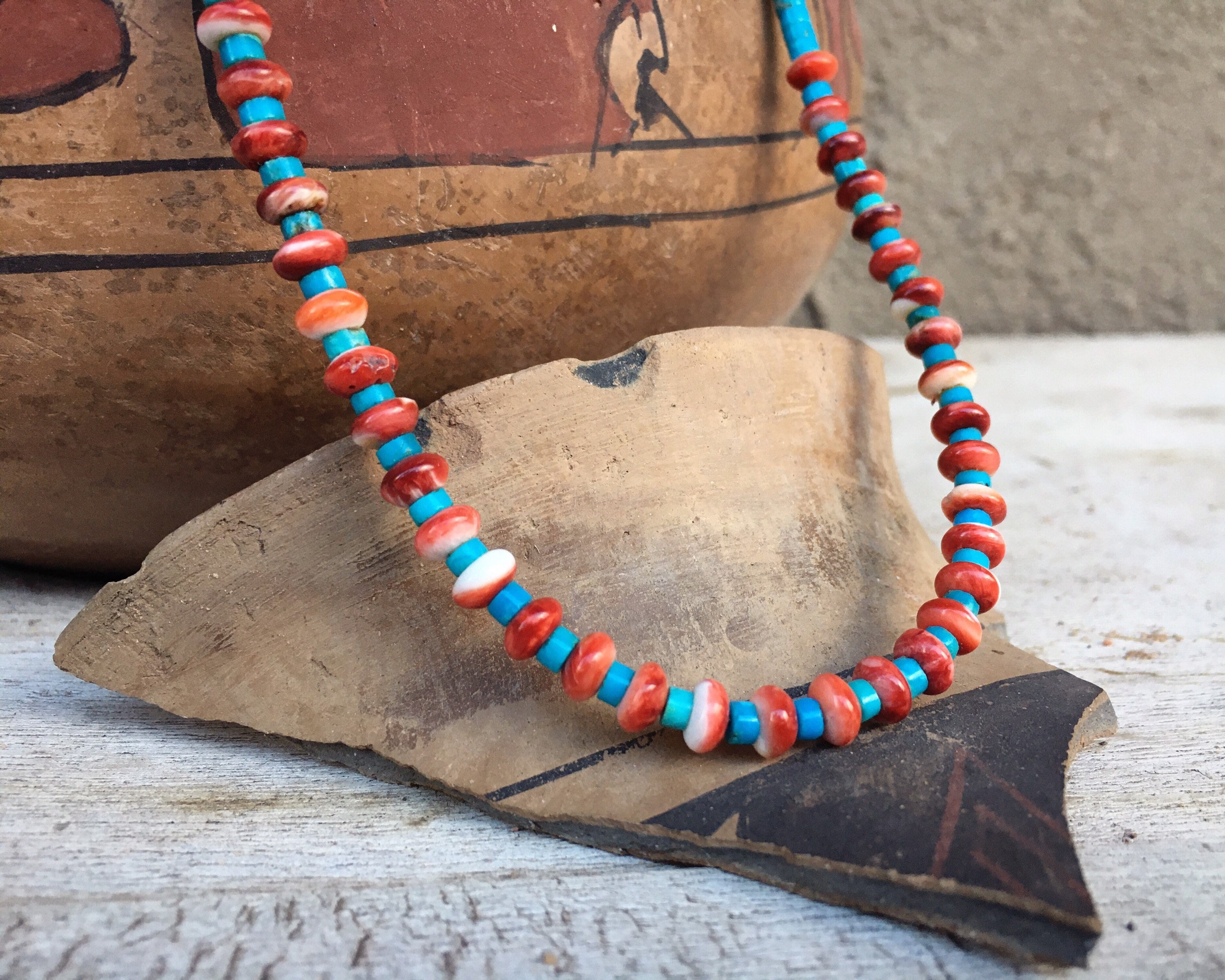 Spiny Oyster Bead Turquoise Heishi Necklace 17 For Women Native American Indian Jewelry Southwest