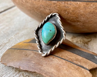 Vintage Natural Turquoise Navajo Ring Size 5.5 to 6, Triangle Shaped Sterling Silver, Old Pawn