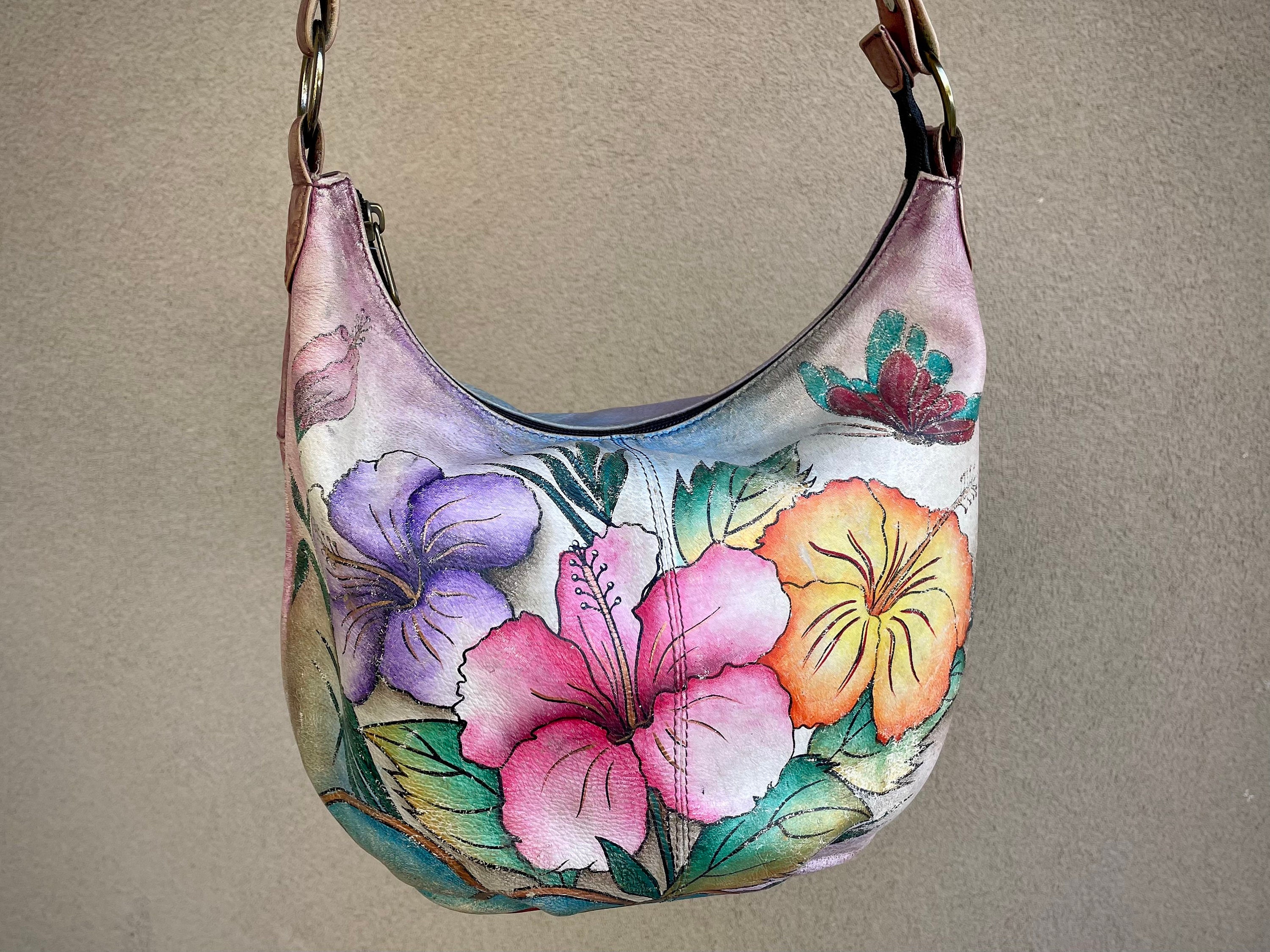 Hand Painted White Faux Leather Purse Handbag With Floral Pattern Pink  Magnolia Flowers Original Art 