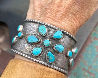 Vintage Sterling Silver Tufa Cast Cuff Bracelet with Turquoise Cluster Flower Design, Size 6-1/8