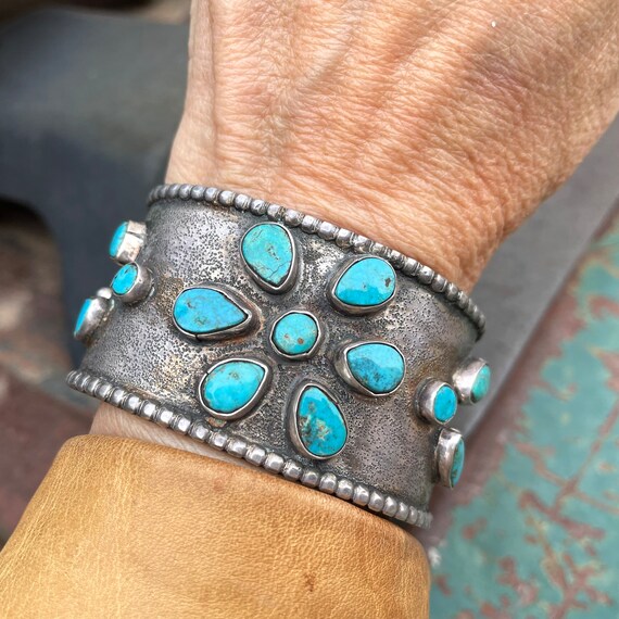 Vintage Sterling Silver Tufa Cast Cuff Bracelet With Turquoise