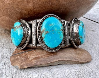 Vintage Three Stone Turquoise Row Bracelet Size 6.25 (Silver Cracked), Navajo Jewelry