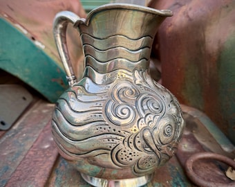 Antique Quadruple Silver Plate Water Pitcher Repousse Floral Design, Cottage Farmhouse Decor