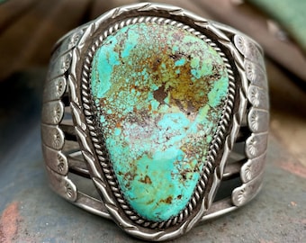 Vintage 112g Huge Pilot Mountain Turquoise Cuff Bracelet Approx Size 6 Small Wrist, Navajo Jewelry