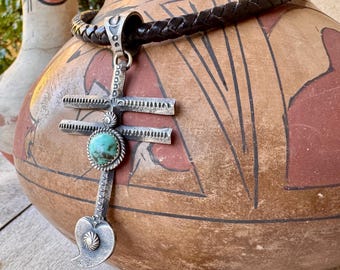 Navajo Kevin Billah Tufa Sterling Silver Isleta Cross 3.5" on Braided Leather Choker 17"