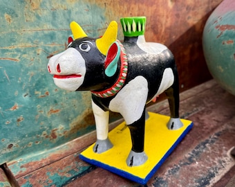 Vintage Mexican Pottery Cow Candle Holder by Gerardo Ortega Family, Colorful Folk Art