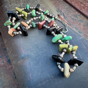 Distressed Vintage Turquoise Serpentine Santo Domingo Pueblo Tab Necklace Approx 28&quot;, Old Pawn