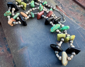 Distressed Vintage Turquoise Serpentine Santo Domingo Pueblo Tab Necklace Approx 28", Old Pawn