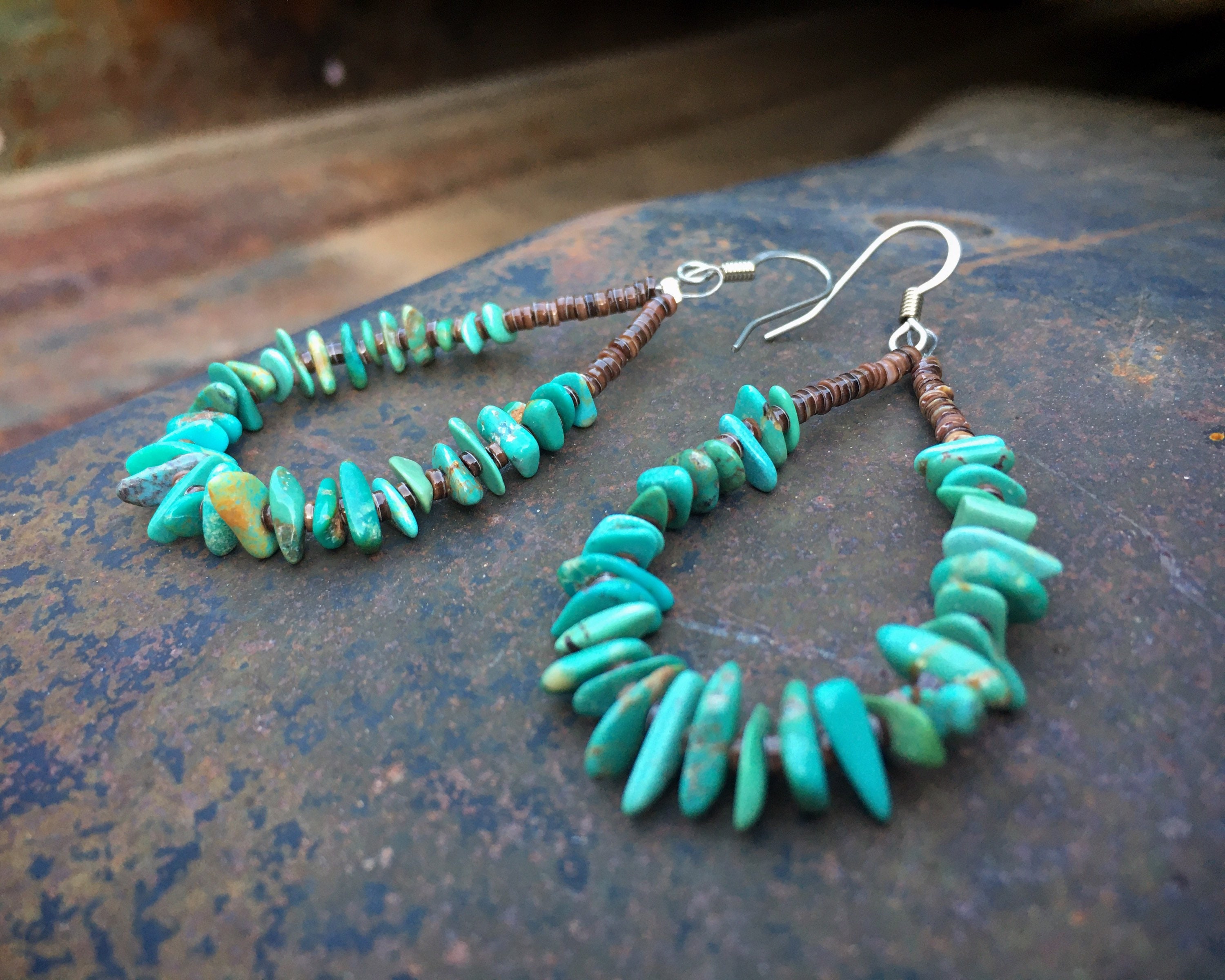 Chip Turquoise and Heishi Hoop Earrings for Women, Native American ...