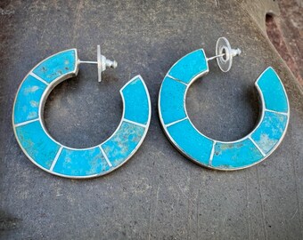 Sterling Silver Inlaid Turquoise Hoop Post Earrings, 1980s Peter Brams Designs