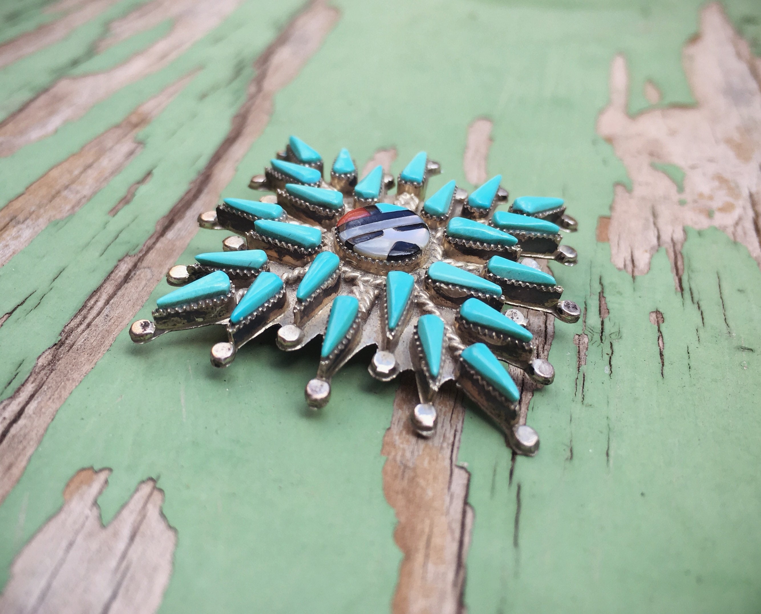 Signed Zuni Pendant Necklace Brooch with Sunface and Turquoise