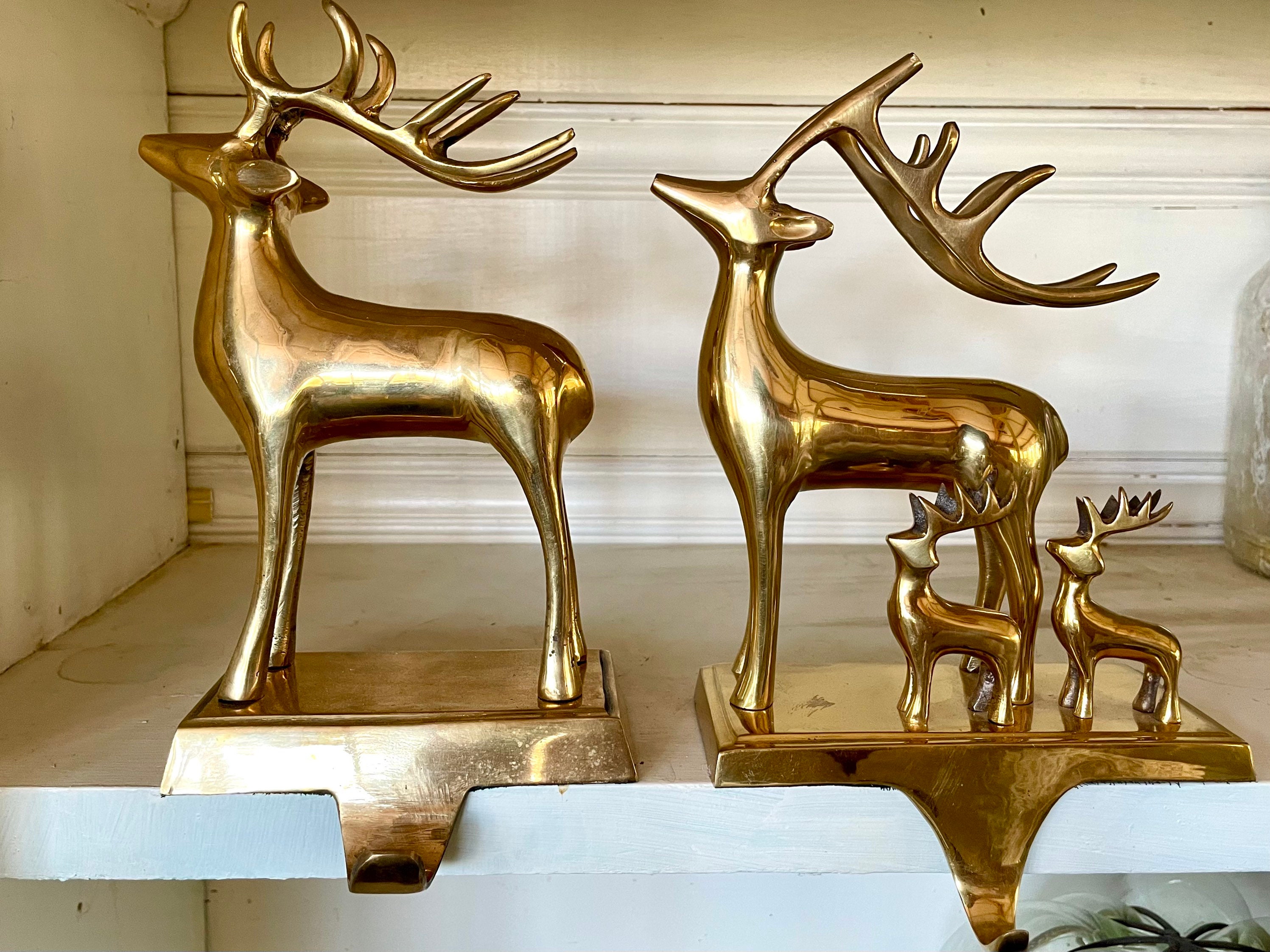 Two Vintage Heavy Brass Stocking Holders Reindeer (Mismatched), Gold