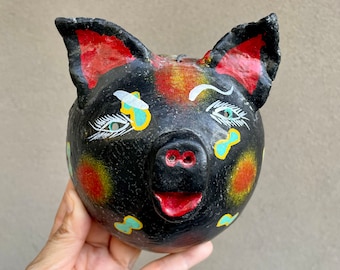 Vintage Mexican Folk Art Pig Coconut Shell Wall Hanging Black Red, Cute Whimsical Gift Hog Lover