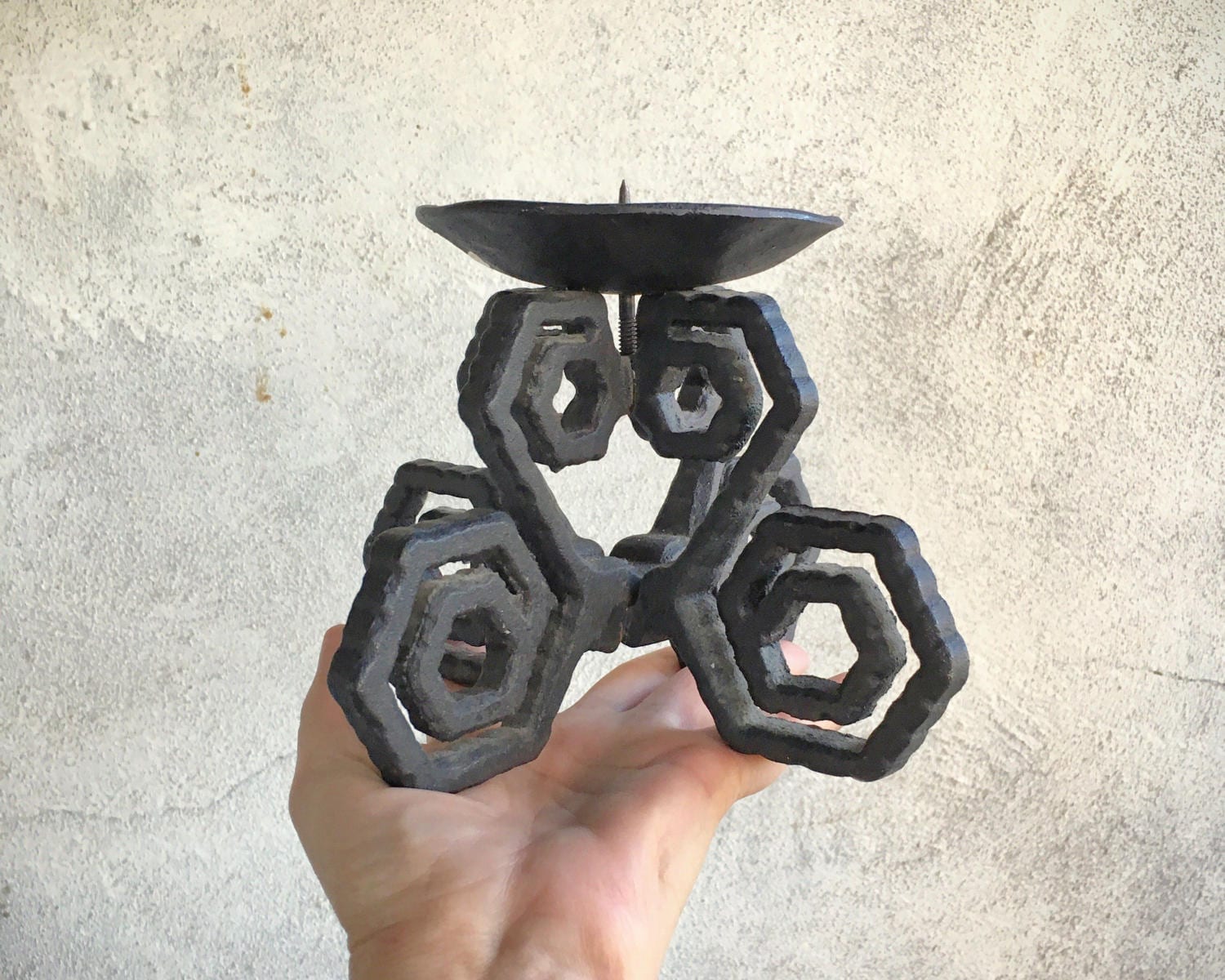 Collection of Midcentury heavy cast iron candle holders Dansk style Brutalist candleholders