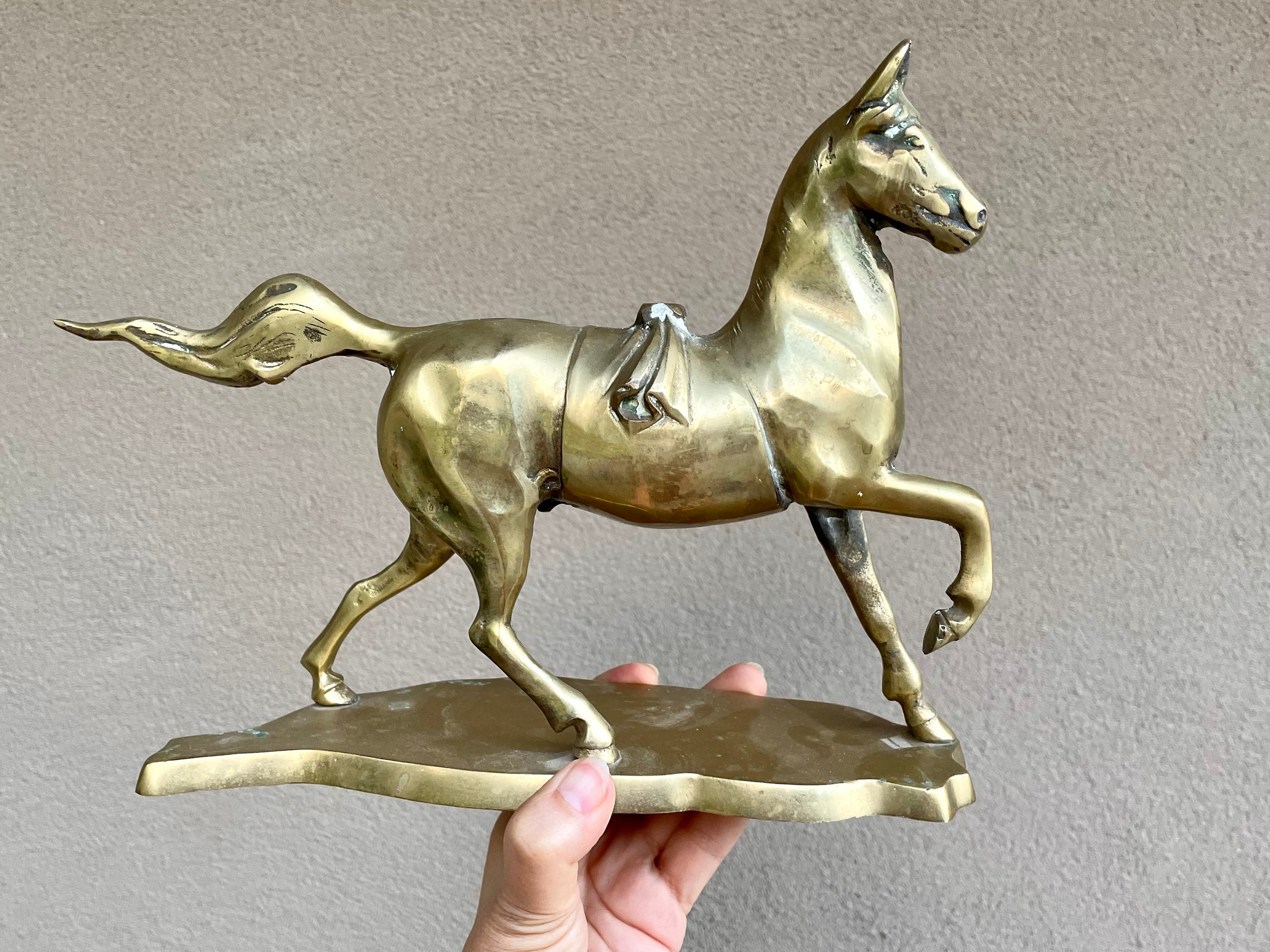 Large Vintage Brass Trotting Horse Statue on Stand, Equine Shelf