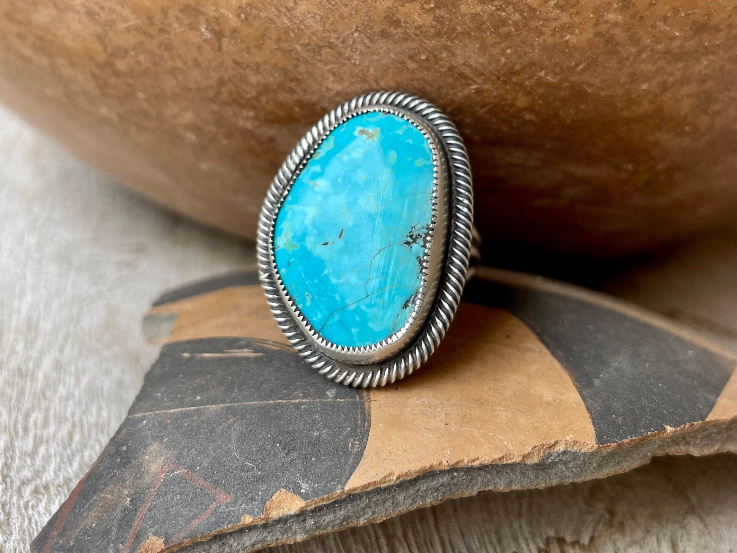 Rich Long Vintage Native American Navajo Kingman Turquoise Sterling Silver Ring Old Rich Long Vintage Native American Navajo Kingman Turquoise Sterling Silver Ring Old