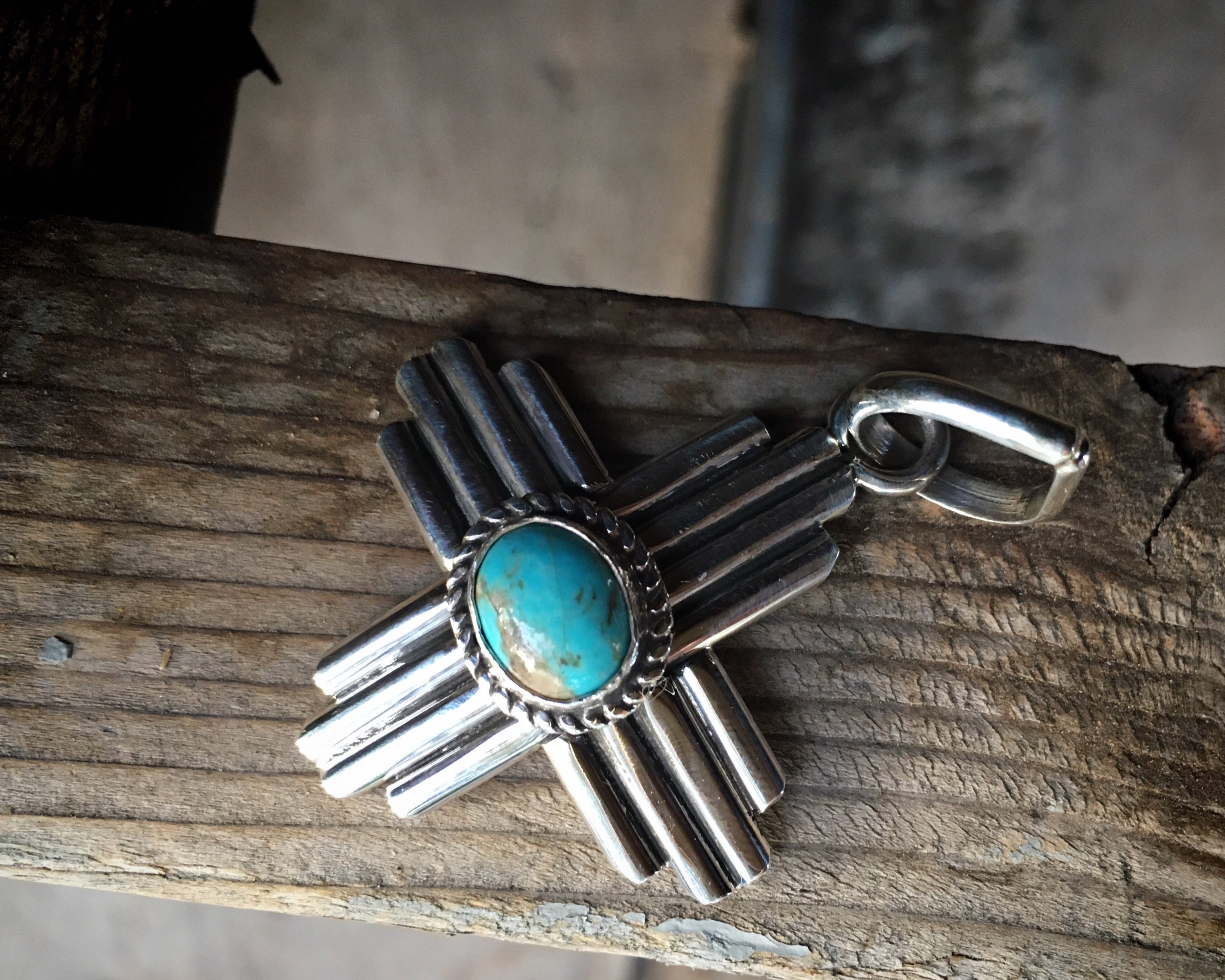 Sterling Silver and Turquoise Zia Pendant for Necklace, Native America  Indian Jewelry Sun Design