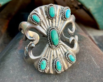 Vintage 82g Sterling Silver Sandcast Natural Turquoise Cuff Bracelet Size 7, Native American