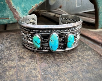 Vintage Three-Stone Turquoise Cuff Bracelet Size 6.125, Woven Silver Design