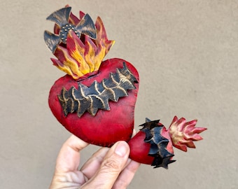 Two Small Mexican Tin Sacred Heart Ex Voto Wall Hangings Black Red