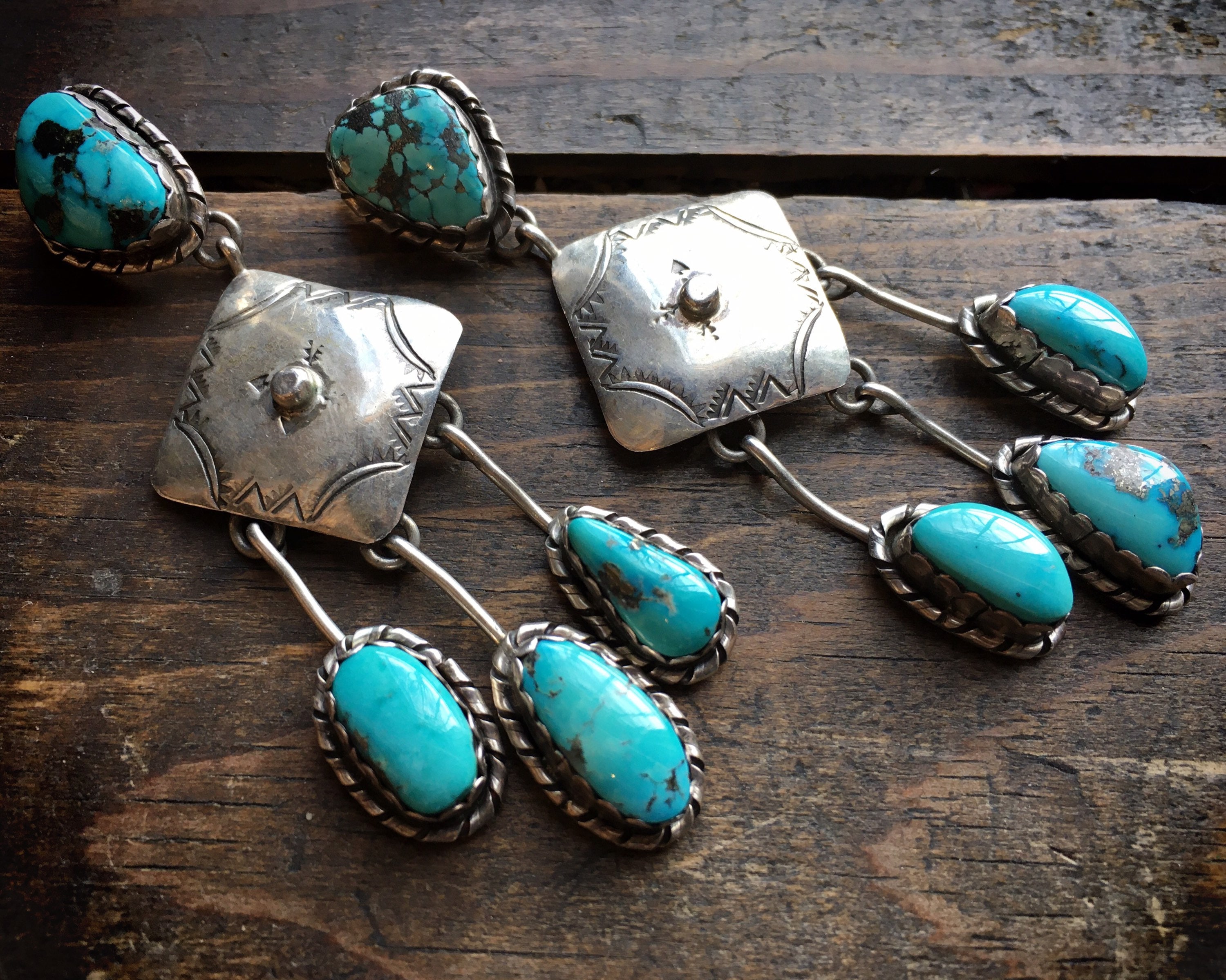 Natural Morenci Turquoise Dangle Earrings, Vintage Navajo Native