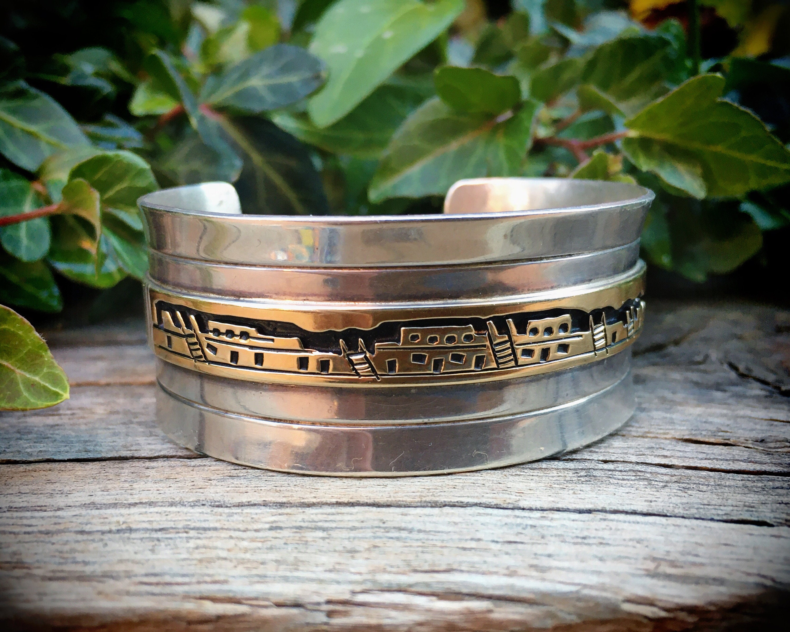 Navajo Leonard Nez Sterling Silver 14K Gold Story Cuff Bracelet, Native