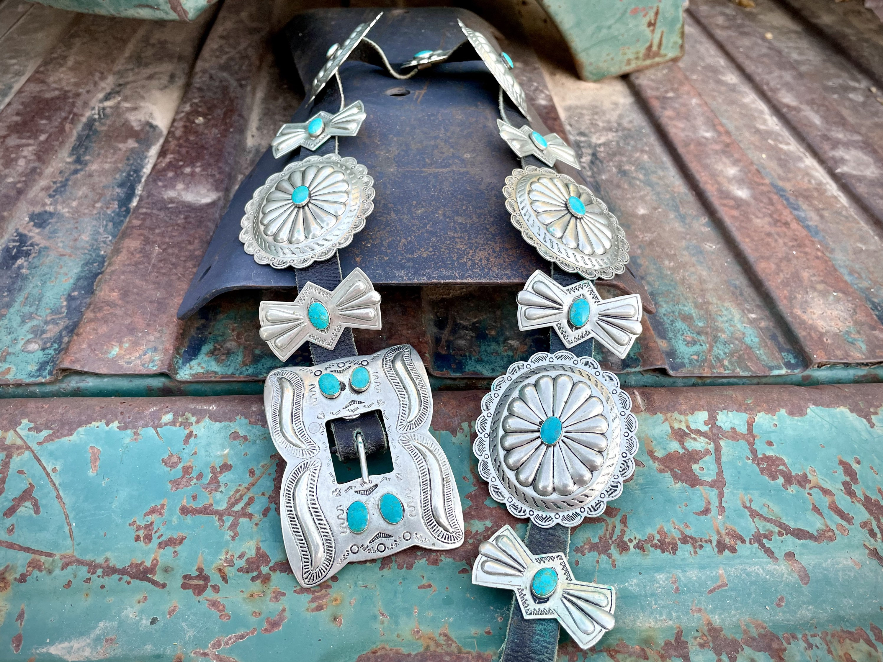 273gm Small Size Navajo Concho Belt German Silver Turquoise