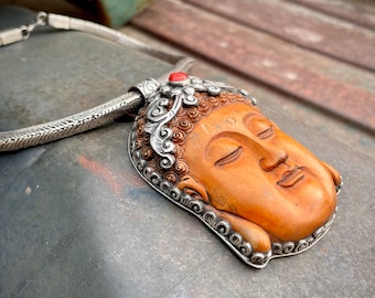 Large Carved Wood Buddha Face Encased in Silver Repousse Pendant w/ Snake Chain Necklace, Nepal Tibetan Jewelry Unisex, Festival Boho Style