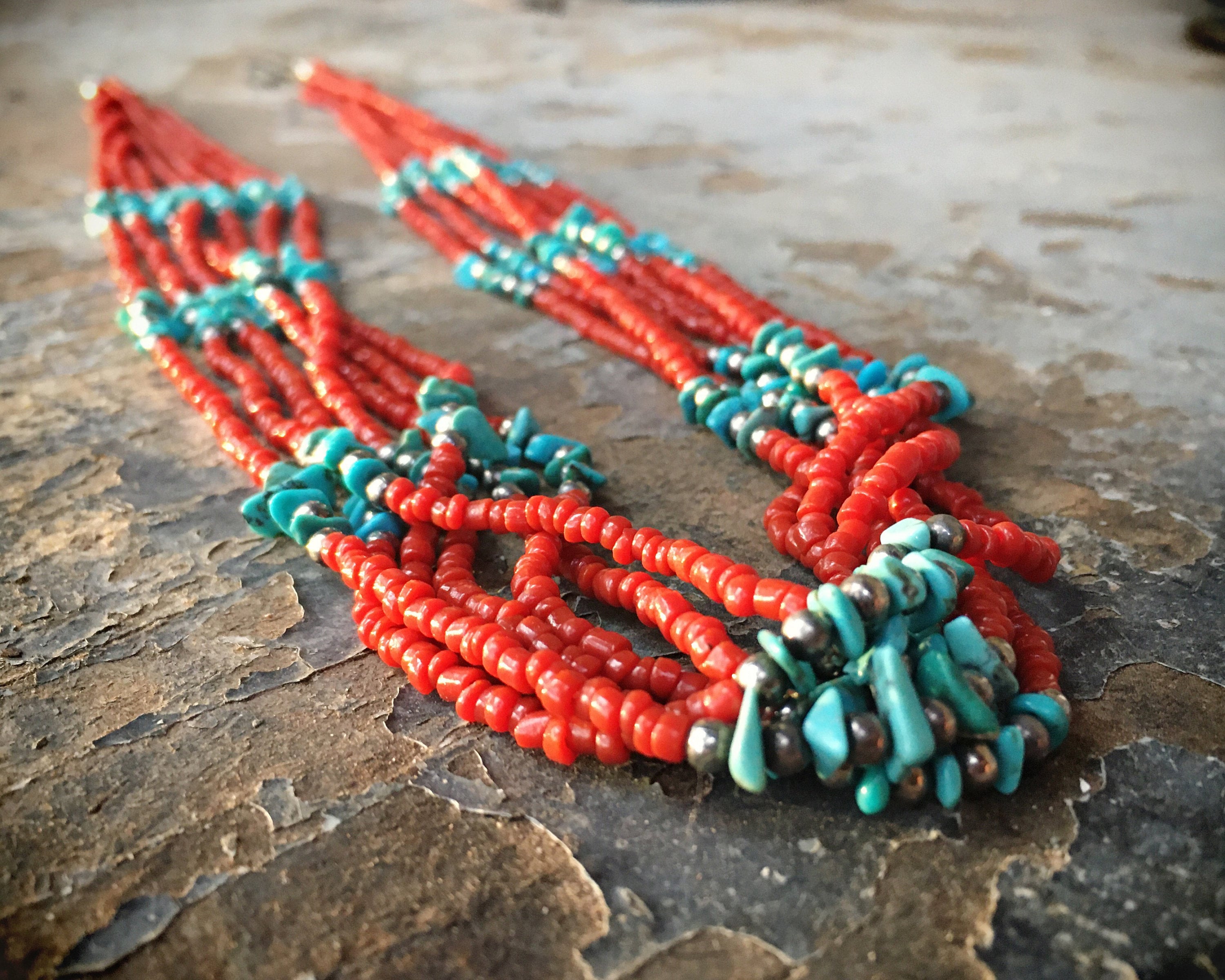Vintage 7-Strand Coral Bead and Turquoise Chip Necklace Southwestern