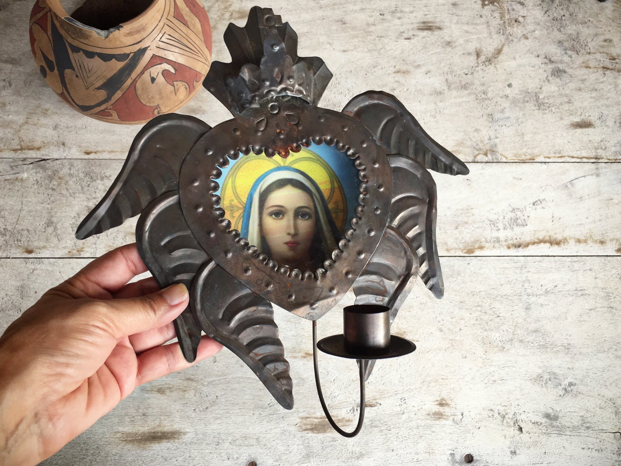 Vintage Mexican Tin Shrine Sacred Heart Wall Hanging Candle Holder