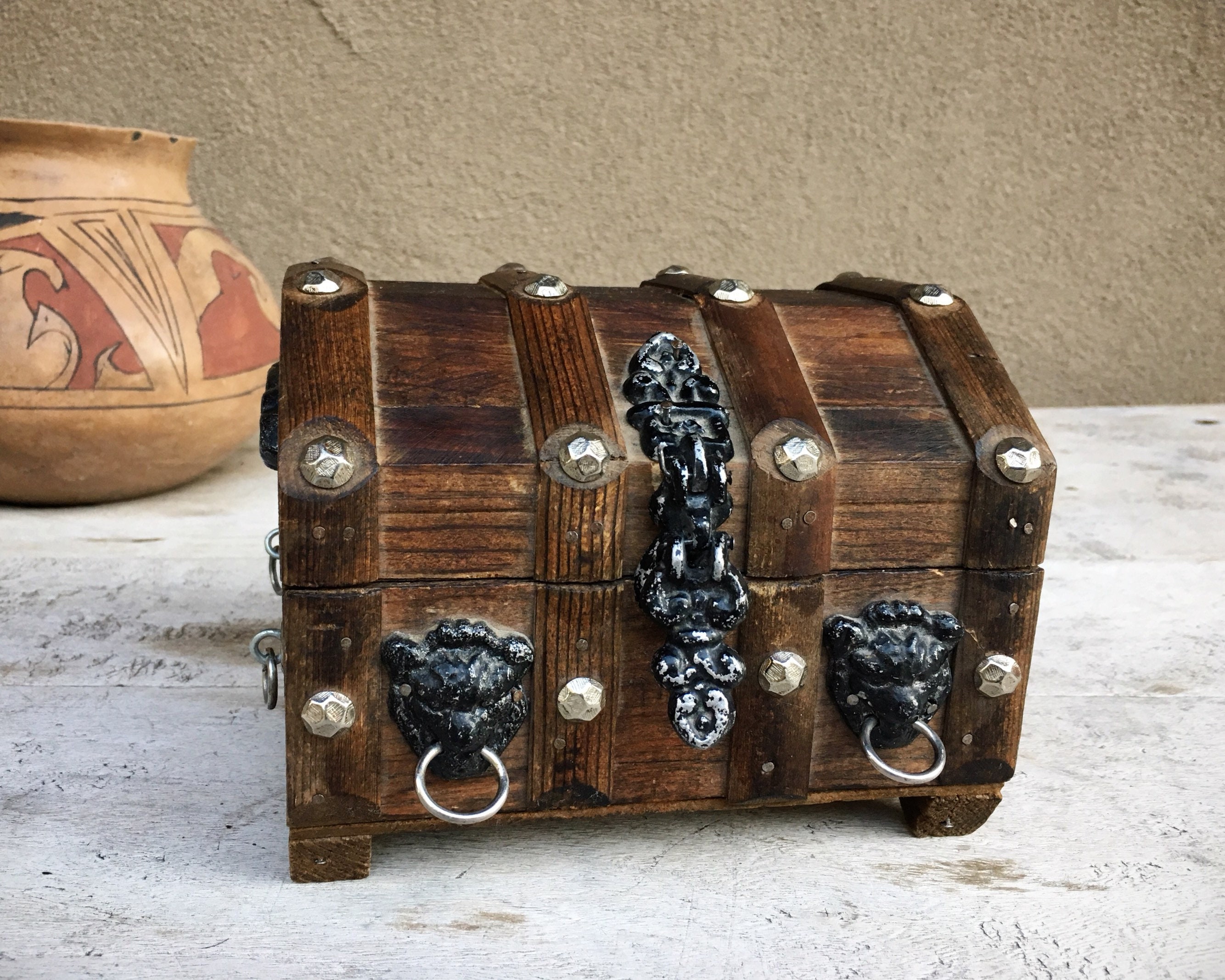 thumbnail image 2 of Vintage Wooden Treasure Chest Jewelry Box - Antique Style Storage Case For Jewelry & Small Collectibles 2 of 12