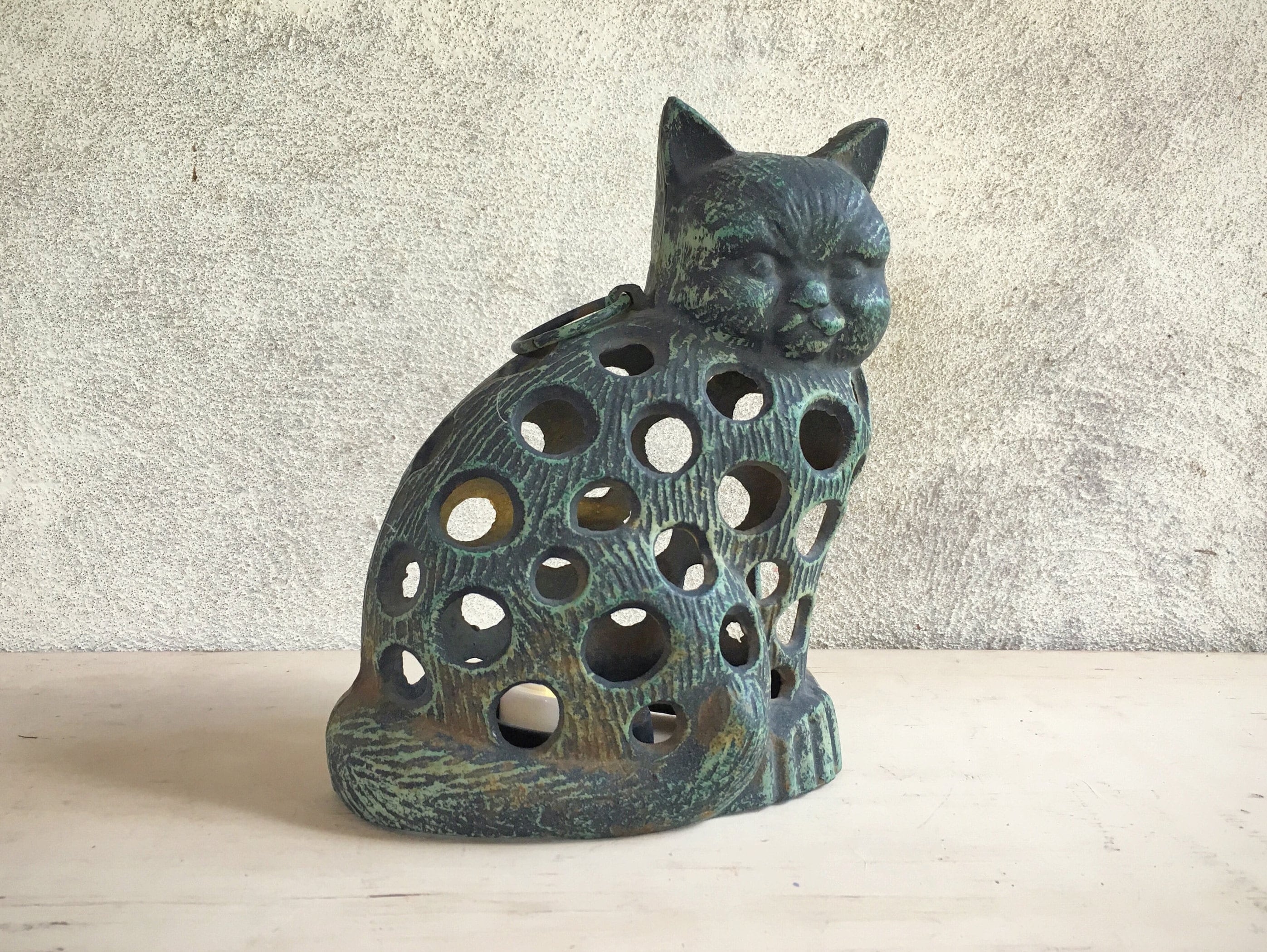 Vintage Cast Iron Cat Candle Holder Lantern Garden Decor Cat Door
