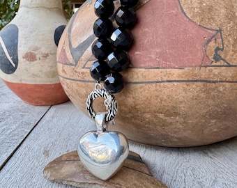 Vintage Sigal Faceted Black Onyx Bead Necklace w/ Sterling Silver Heart Pendant