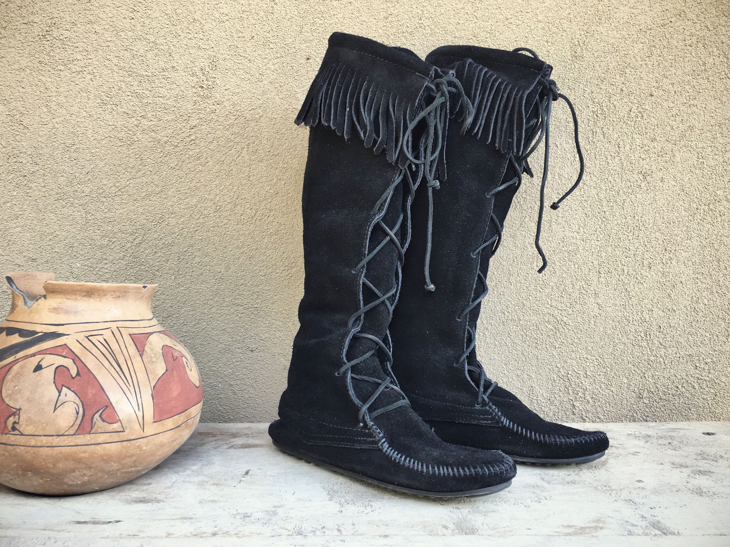Vintage Women's Size 7 Minnetonka tall moccasin boots with fringe