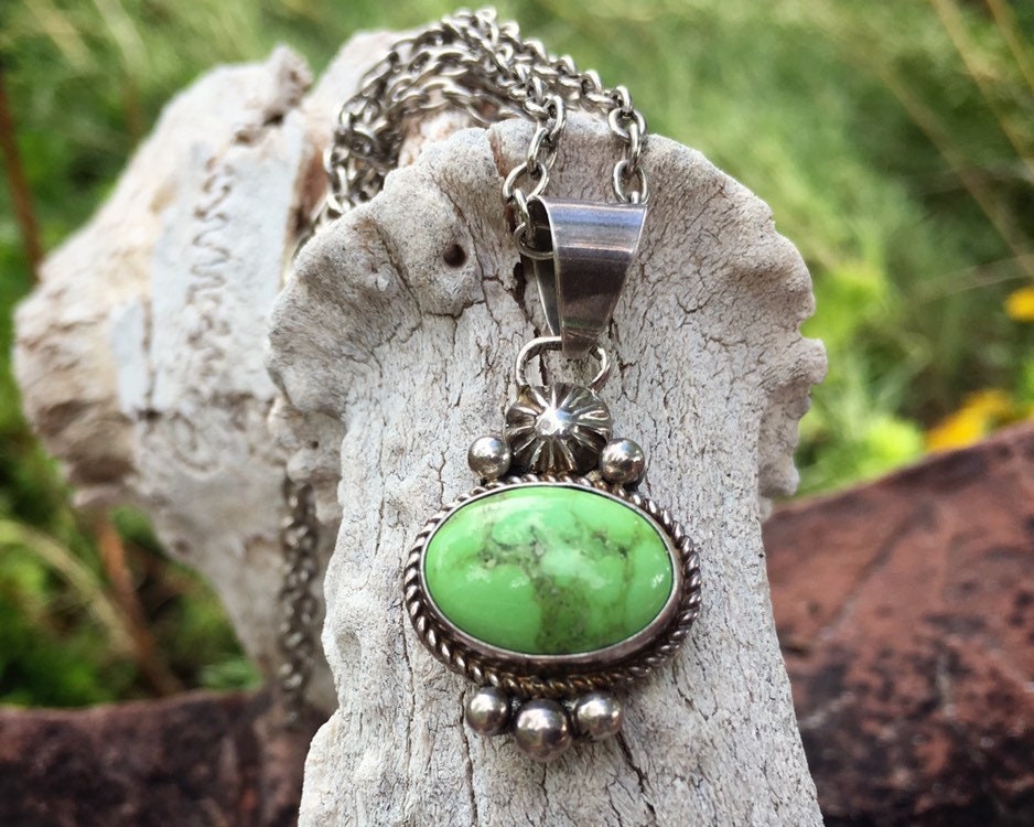Luminous Native American Navajo Signed Turquoise Gaspeite Sterling Silver Pendants Earrings Luminous Native American Navajo Signed Turquoise Gaspeite Sterling Silver Pendants Earrings