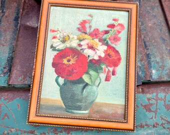 1929 Antique Framed Floral Still Lifel Painting in Wood Frame 7" x 9", Cottage Decor