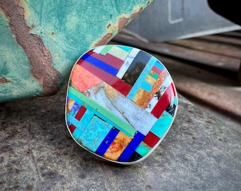Santo Domingo Ronald Chavez Channel Inlay Turquoise Ring Size 8.75, Multi Stone Sterling Silver