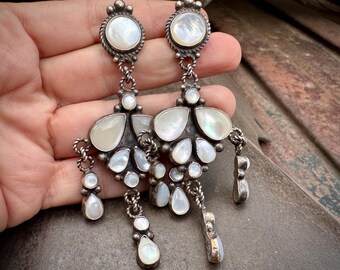 Navajo Devin Brown White Mother of Pearl Chandelier Earrings, Approx 3.5" Long