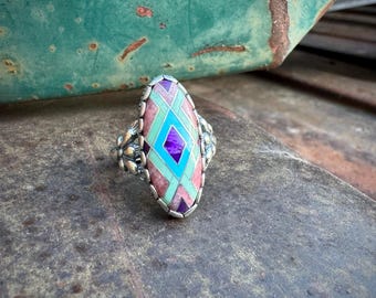 Sterling Silver Turquoise Purple Sugilite Multi-Stone Channel Inlay Ring 7.25, Signet Style