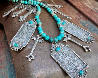 Sterling Silver Milagro Necklace with Crosses and Saint Shrines, Approx 22", 147g