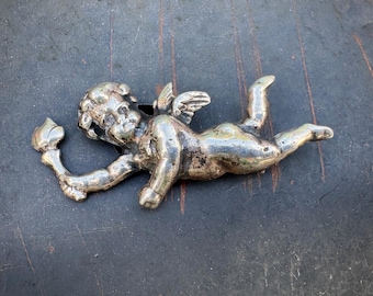 Vintage 925 Sterling Silver Cherub with Torch Brooch Pin 2.25" Wide 14g, Angel Jewelry