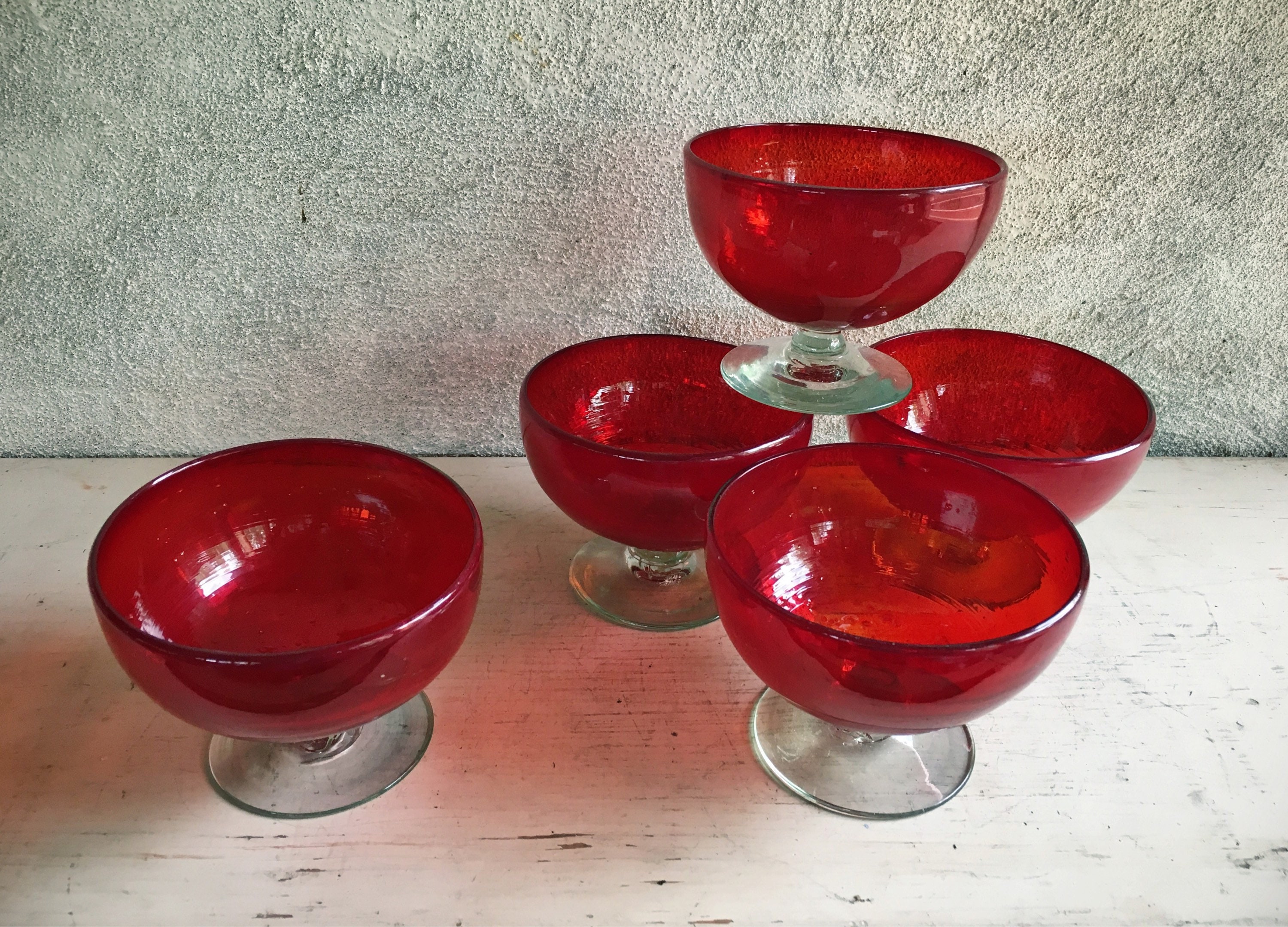 Five Vintage Mexican Blown Glass Dessert Dishes Goblets