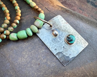Artisan Sterling Silver Turquoise Pendant on Beaded Necklace Approx 21"