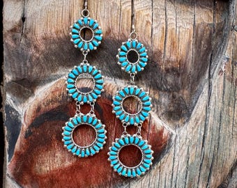 Zuni Milburn Dishta Turquiose Petit Point Tiered Circle Earrings Dangle to 4"