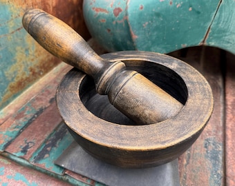 Vintage Heavy Wood Grinding Bowl 8", Mortar and Pestle, Dark Rustic