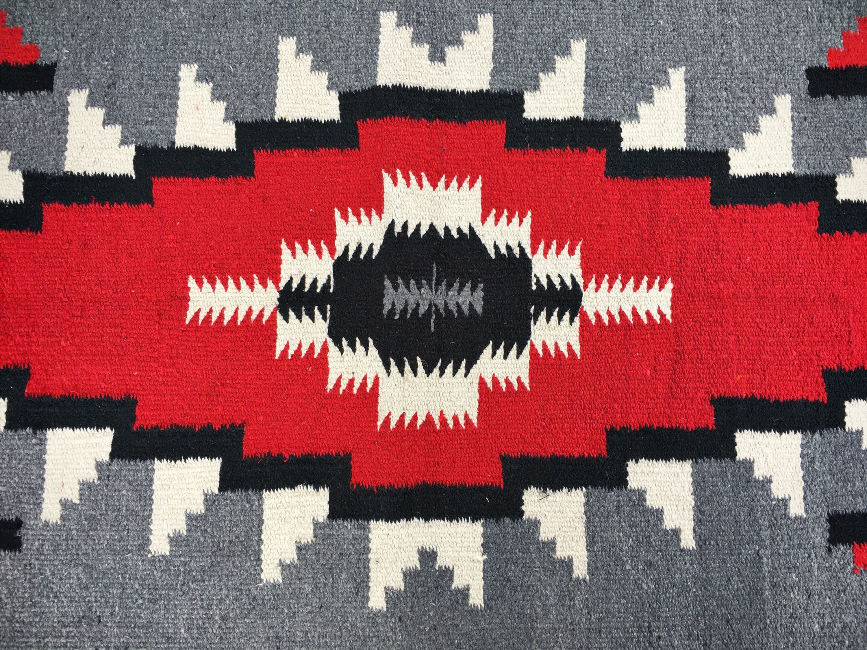 Vintage 31 x 63 Zapotec rug gray red Mexican rug woven wall hanging