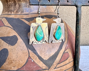 Stamped Silver Turquoise Thunderbird Earrings, Native American Indian Jewelry
